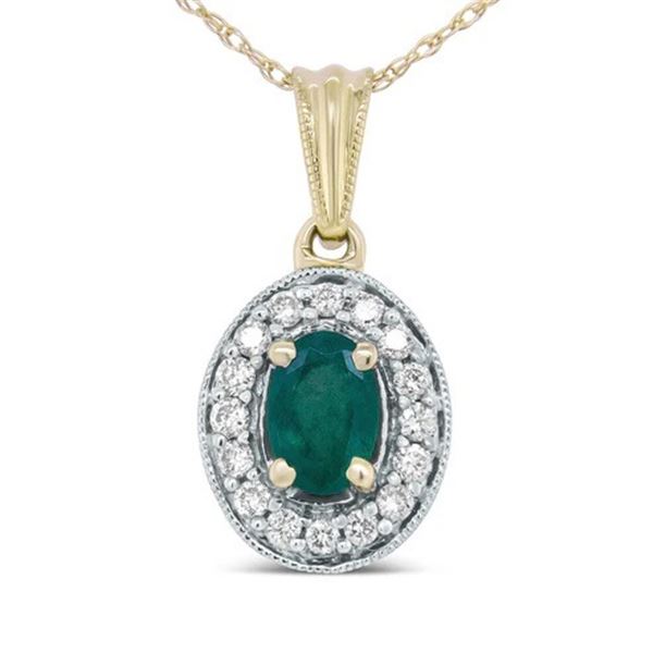 14K Ylw Gold 6x4mm Emerald & 0.20 Cttw Diamond Halo Pendant