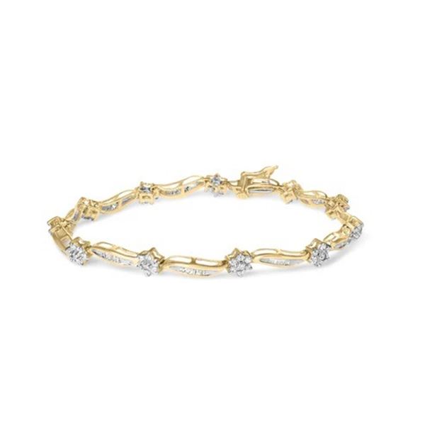 10K Gold 2.00 Cttw Round & Baguette Floral Swirl Bracelet