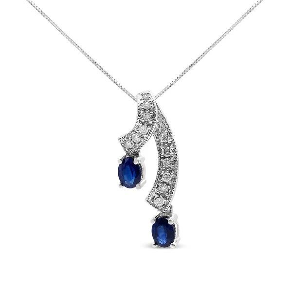 14K White Gold Blue Sapphire & Diamond Double Drop Ribbon Pendant Necklace