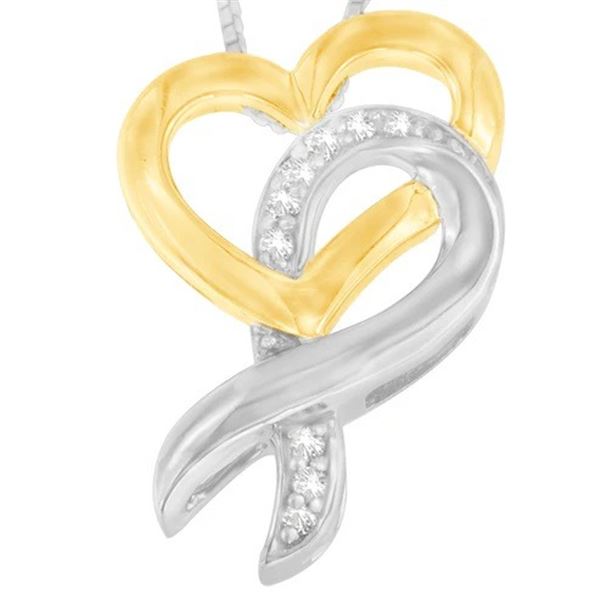 10K Gold & Silver 1/20 cttw Diamond Ribbon-Heart Pendant