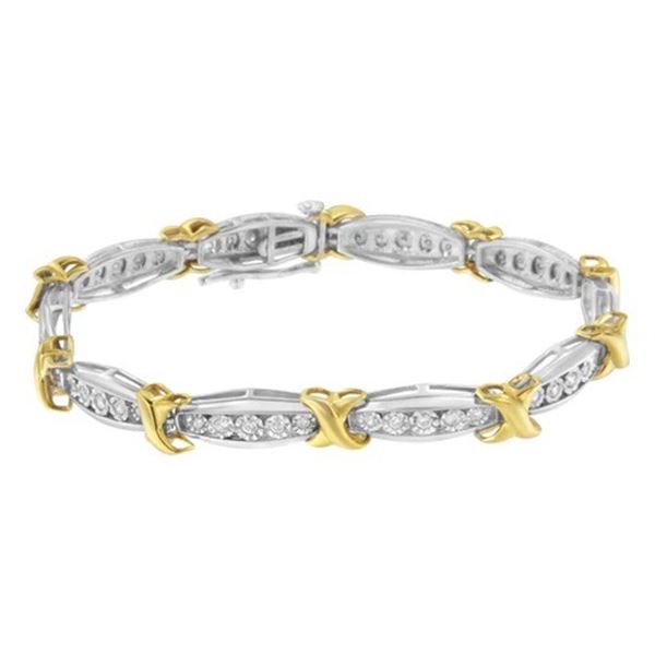 10K Gold Plated .925 Silver Two Tone 3/4 Cttw Diamond X & O Tennis Bracelet