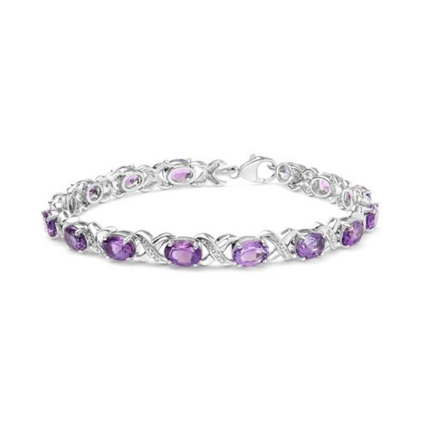 Sterling Silver Oval Amethyst & Diamond X-Link Bracelet