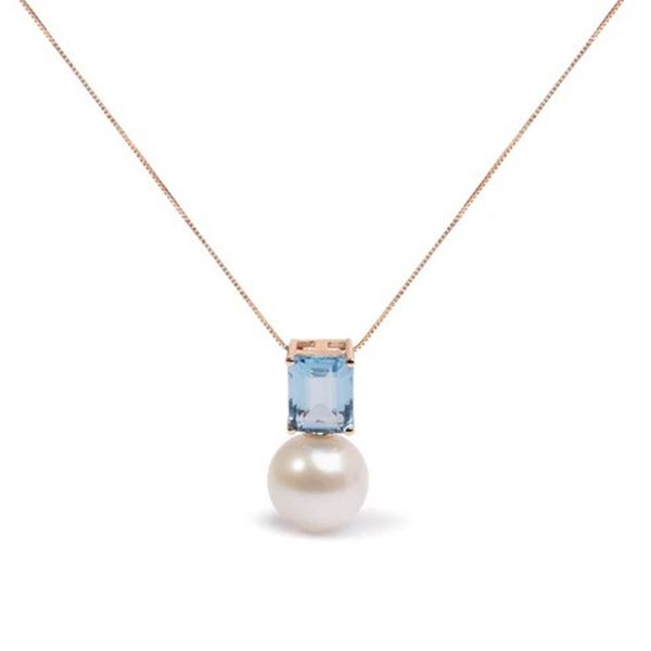 14K Rose Gold Pearl & Swiss Blue Topaz Pendant Necklace - 18"