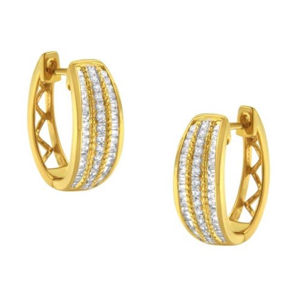 10K Gold Triple Row Diamond Hoop Earrings - 3/4 Ct