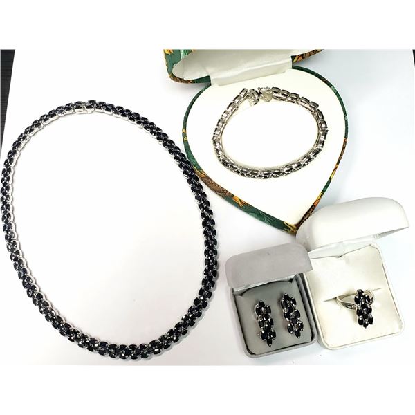 SILVER NATURAL SAPPHIRE NECKLACE EARRING, RING, AND BRACELET 160CT   SET (~WEIGHT 98G)