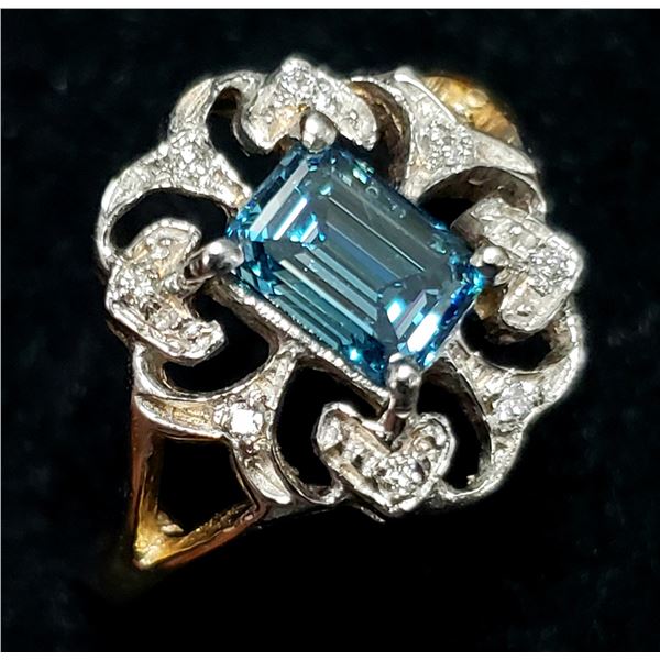 10K YELLOW GOLD LAB BLUE AND & NATURAL DIAMOND (1CT+0.08CT)  RING (~SIZE 5.5 (~WEIGHT 2.8G)