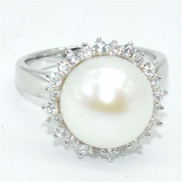 SILVER PEARL CZ(5.4CT) RHODIUM PLATED RING (~SIZE 7) (~WEIGHT 5.85G)