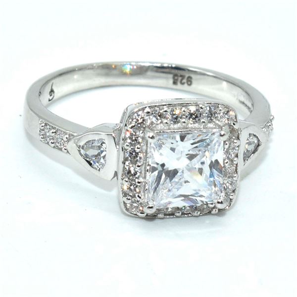 SILVER CUBIC ZIRCONIA(2.1CT) RHODIUM PLATED RING (~SIZE 7.5 (~WEIGHT 3.25G)