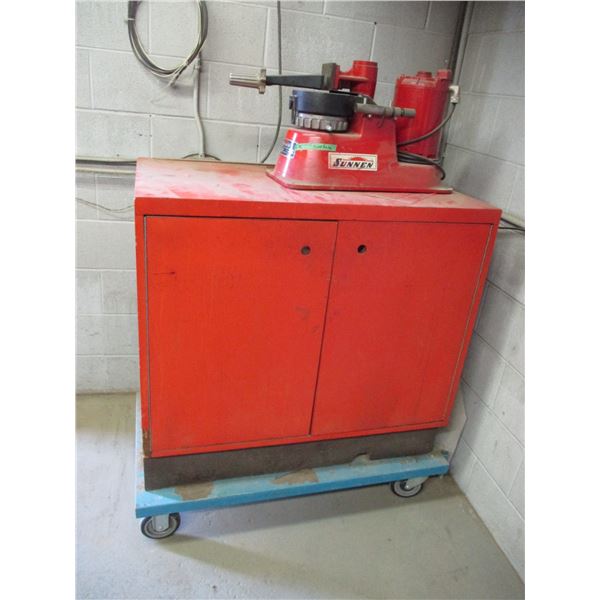 Sunnen Cap & Rod Grinder with 39” x 24” Cabinet & Moving Dolly & Misc. Parts