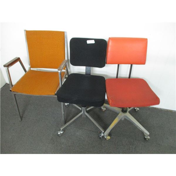 (3) Office Chairs 2 on Castors 1-Black and 1-Brown & Orange