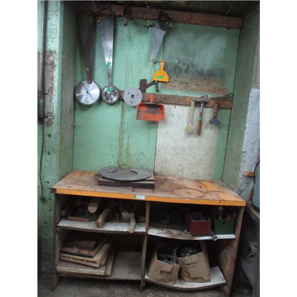 Wooden Top Work Bench (Poor Condition) 60” x 24” x 35” & Contents: Castor