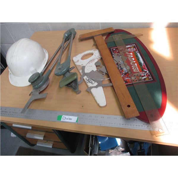 (6+) Misc. Lot: Hard Hat, Picture, 2-TSquares, Drafting Arm