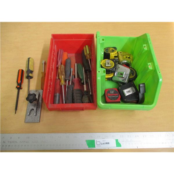 (2) Plastic Containers of Tape Measures & Screwdrivers & Misc. Tools