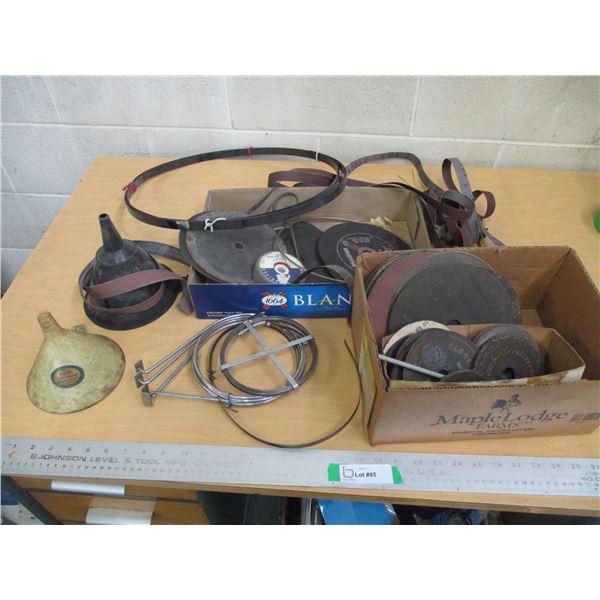 (25+) Large Lot of: Belts, Funnels, Grinding Wheels,