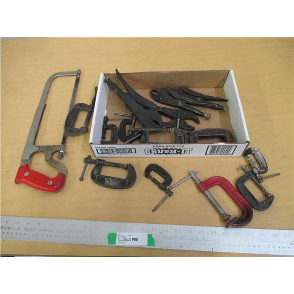 (10+) Lot of Metal Misc. Sized Clamps, Hack Saw, Vise Grips