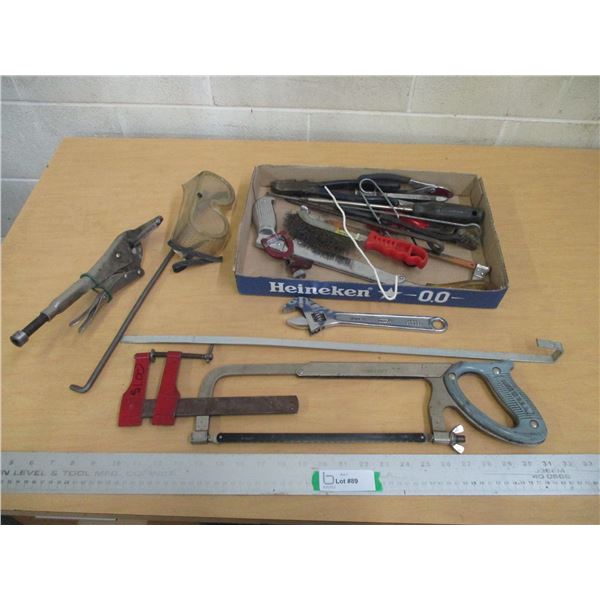 (10+)  Lot of: Clamps, Pliers, Wire Brushes, Hack Saw, Goggles