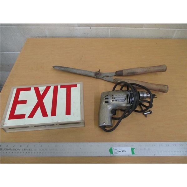 (3) Emergency Exit Light, Hedge Clippers, Black & Decker Hand Drill