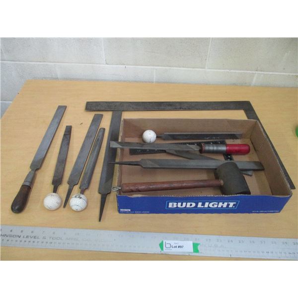 (8+) Lot of Hand Files / Rasps, Rubber Hammer, Squares