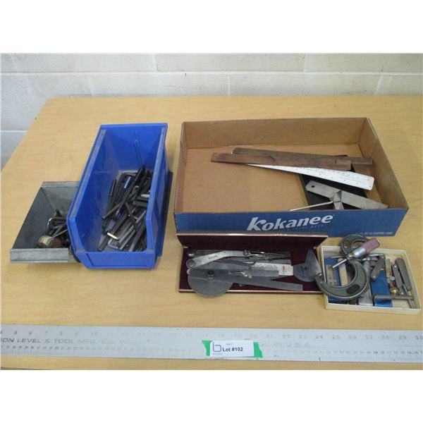 (20+) Lot of Misc. Allen Wrenches, Ruler, Micrometers, Stainless Steel Protractors