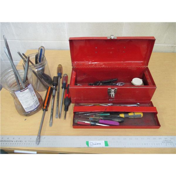 (3) Lot of Larger Screwdrivers & Metal Tool Box With Misc. Tools