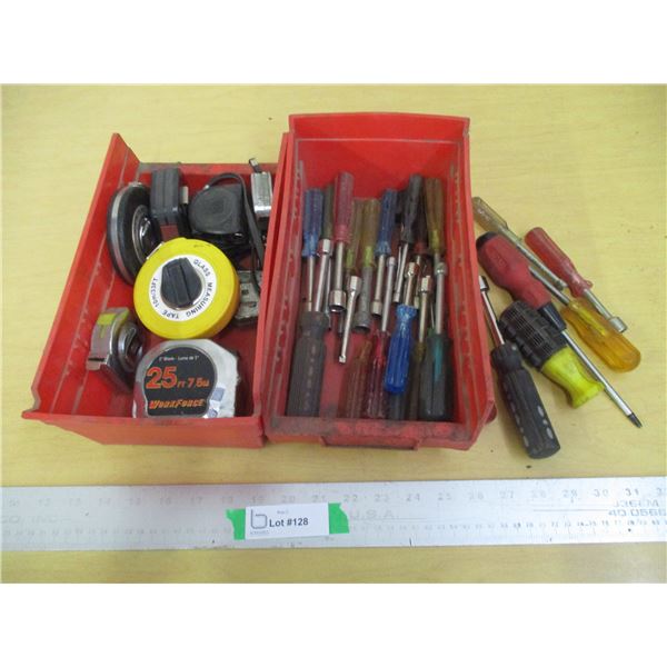 (2) Plastic Containers of Tape Measures & Screw & Bolt drivers & Misc. Tools