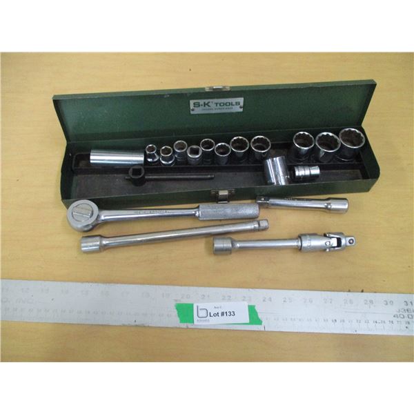 S-K Tools Vintage Deep Sockets, Socket Wrench, & Misc. Tools in Metal Box