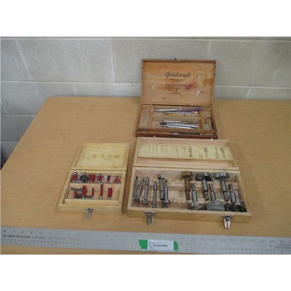 (3) Vintage Wooden Storage Boxes: Auger Bits, Router Bits & Misc. Items