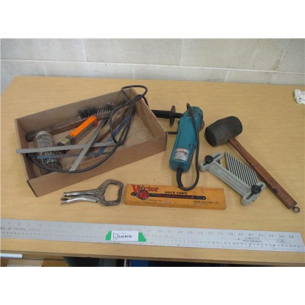 (5+) Misc. Lot of Wire Brush, Angle Grinder, Vintage Victor Metal Hack Saw Blades Box