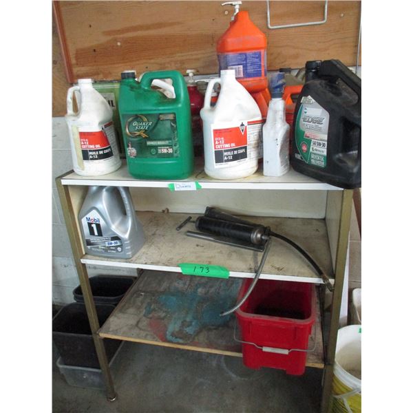 Lot of Misc. Oils, Grease Gun and 3-Tier Shelf 36” x 18” x 40” Tall