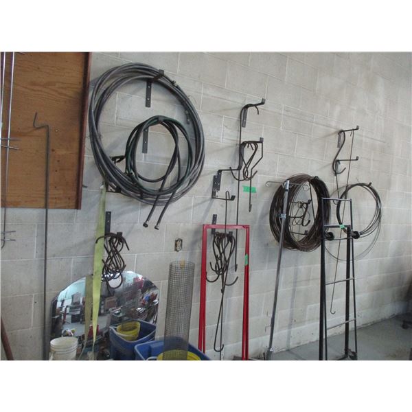 Lot of Hooks, Plastic Pipe, Wire, 4-Wheeled Metal Framed Cart