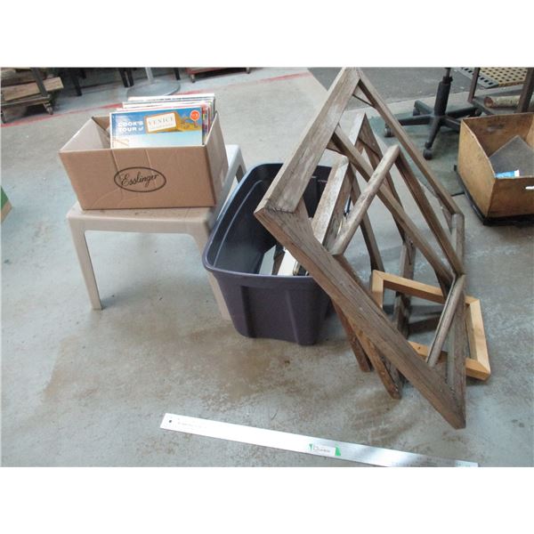 (6+) Small Plastic Table, Vintage Wood Picture Frames, Misc. LP Vinyl Records