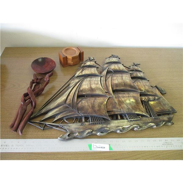 (11) Lot of Large Plastic Sailing Ship Wall Art, Wood Coaster Set, Wood African Art Bowl