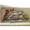 Image 1 : (11) Lot of Large Plastic Sailing Ship Wall Art, Wood Coaster Set, Wood African Art Bowl