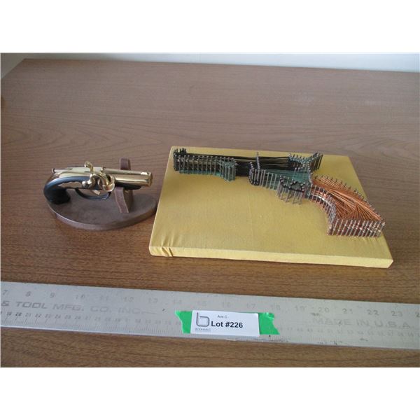 (2) Derringer Model Gun Made of Brass Metal & Wood & String Art Picture