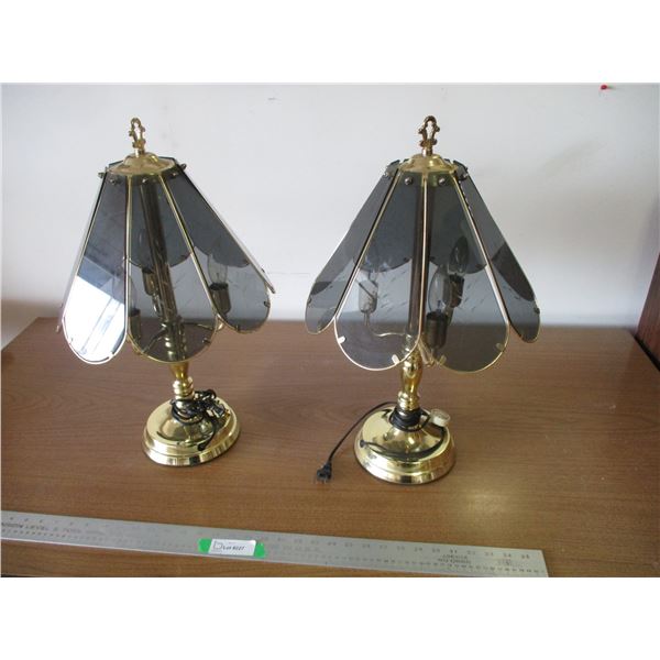 (2) Pair of Matching Brass With Glass Shades Touch Lamps