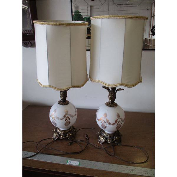 (2) MCM Matching Glass & Metal With Cloth Shades Table Lamps