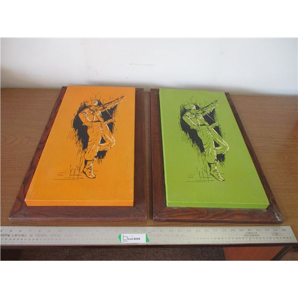 (2) Framed MCM 27” x 15” Green / Yellow Violin Players Themed Wall Art