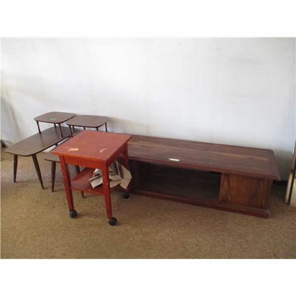 (4) 2 – End Tables; Small Rolling Table; & Large Coffee Table 58” x 19” x