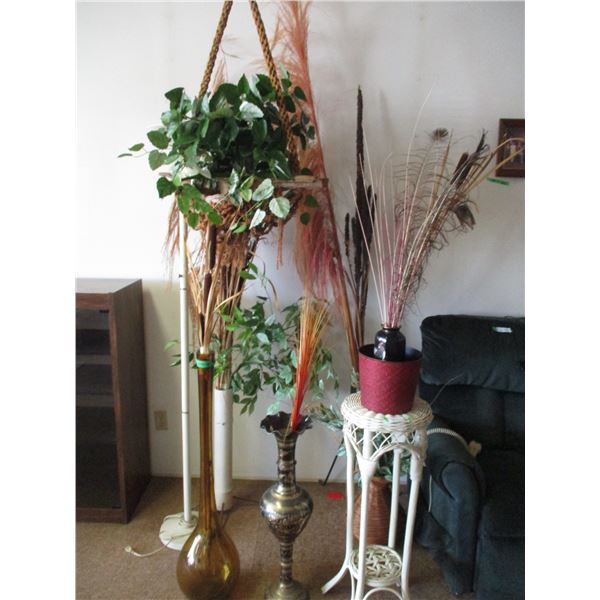 (8+) Lot of Floor Standing Vases with Artificial Flowers & Peacock Feathers