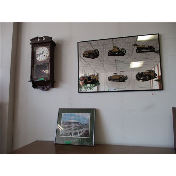 (3) 31-Day Pendulum Wall Clock With Key & 2 – Pictures / Glass Picture has Crack