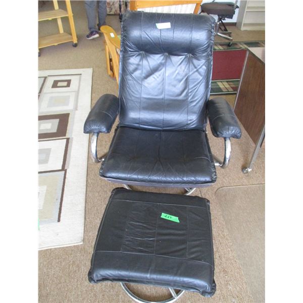 (2) Recliner Black Vinyl Lounge Chair With Matching Foot Stool