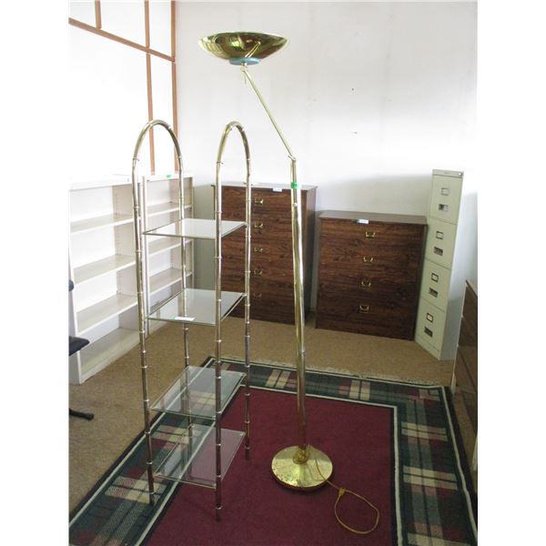 (2)4-Tier Brass With Glass Shelves Open Curio Cabinet & Brass Floor Lamp