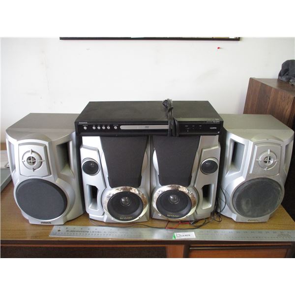 (5) 4 – Portable Speakers Aiwa & Sanyo And Sharp DVD Player – Untested