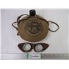 Image 1 : Vintage Boy Scouts Canteen in Sling Canvas Cover and Leather Motorcycle Goggles
