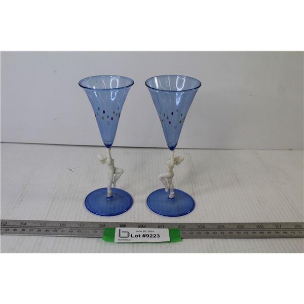(2) Rare Vintage Nude Blue & White - Lady Spirit Glasses