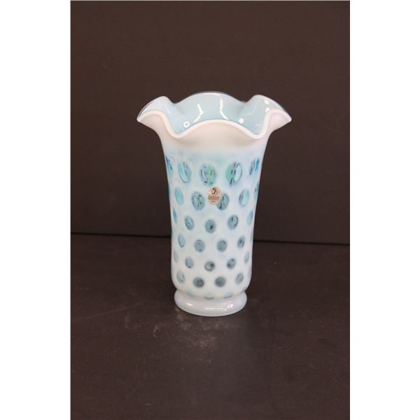 Fenton Blue Frosted Glass Controlled Bubble Satin Vase Ruffled (8" x 5 3/4")