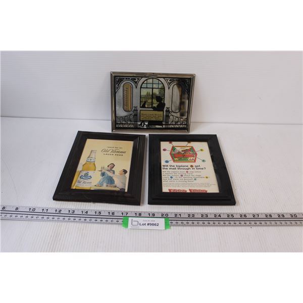 (2) Vintage Magazine Clipping in Frames (9"x7"), Maple Creek Motors Thermometer