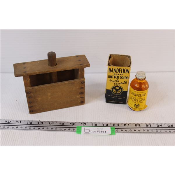 Vintage Wooden Butter Mold/Press & Dandelion Brand Butter Color Glass Jar