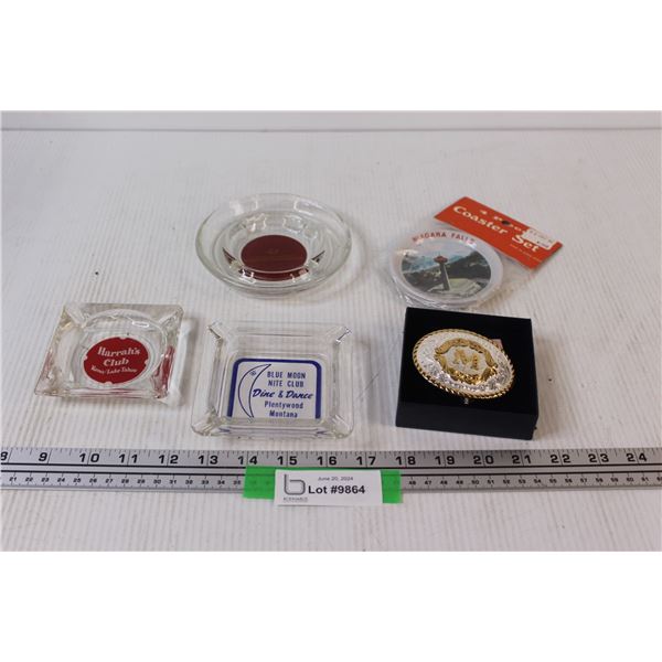 (3) Vintage Glass Ashtrays, "M" Belt Buckle, Niagara Falls Coaster