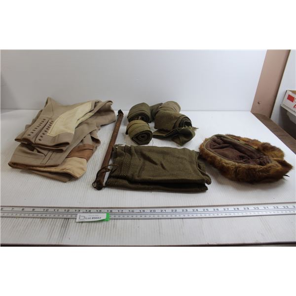 WWII Riding Pants, Swagger Stick, Leg Wraps, and Fur Cap